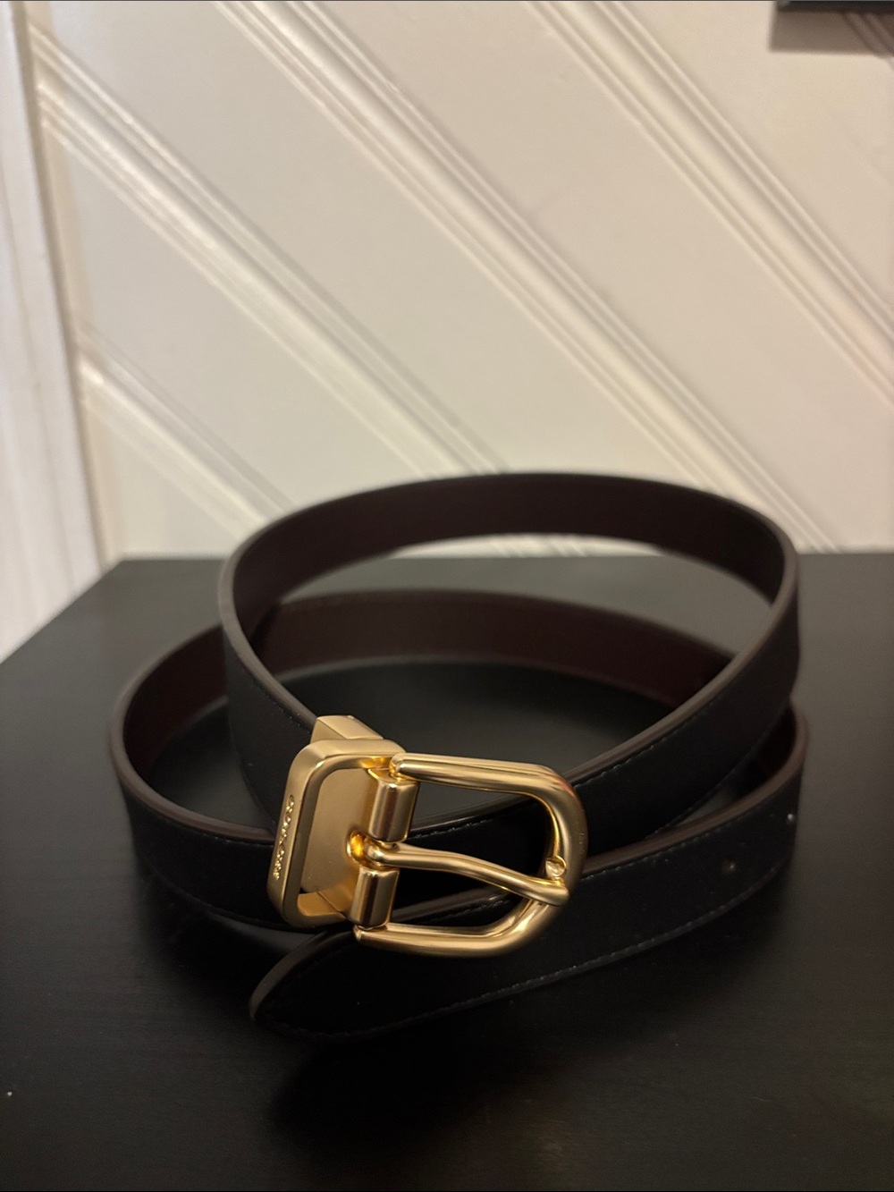 Coach Women’s Harness Buckle Belt with Gold Buckle REVERSIBLE- Dark Brown/black